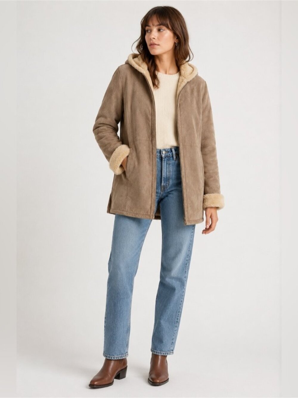 St. John’s Bay Faux Suede Sherpa Hooded Jacket Women’s Small Beige Taupe Coat - Picture 1 of 8